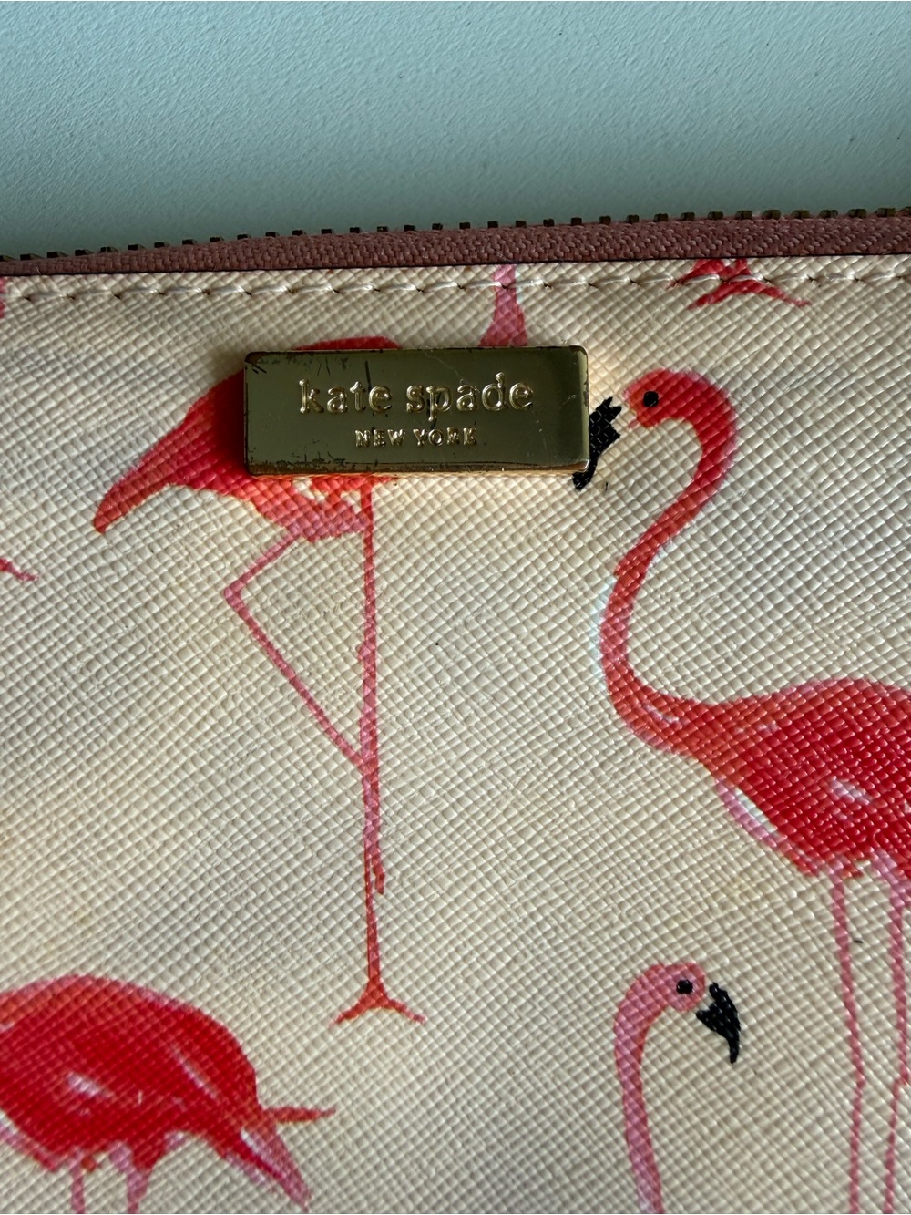 Kate Spade Pink Flamingo Print Zip Wallet with Gold Plate - Picture 4 of 7